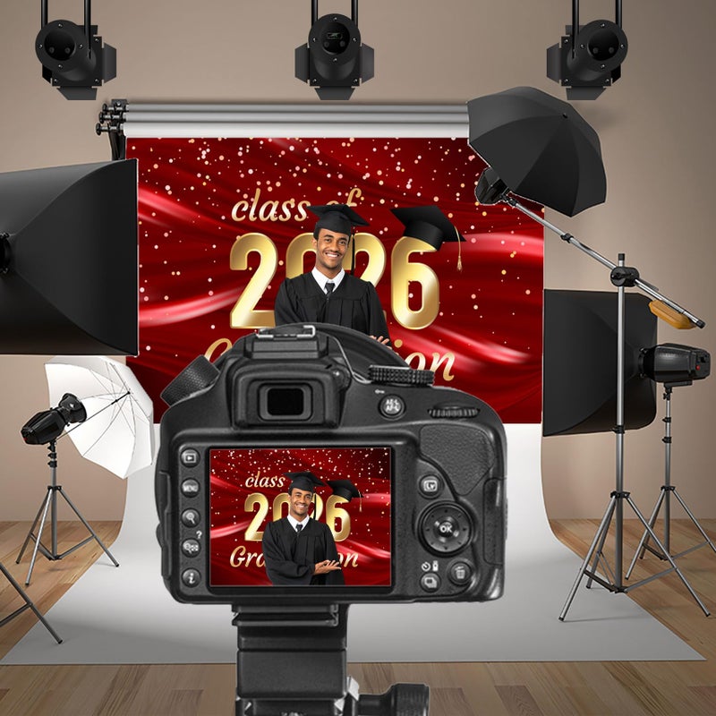 Baocicco 7x5ft Backdrop for Golden Class of 2026 Graduation Photography Background Black Bachelor Cap Red Luxury Silk Cloth Falling Gold Sequins Student Graduation Family Children Party Background - Image 2